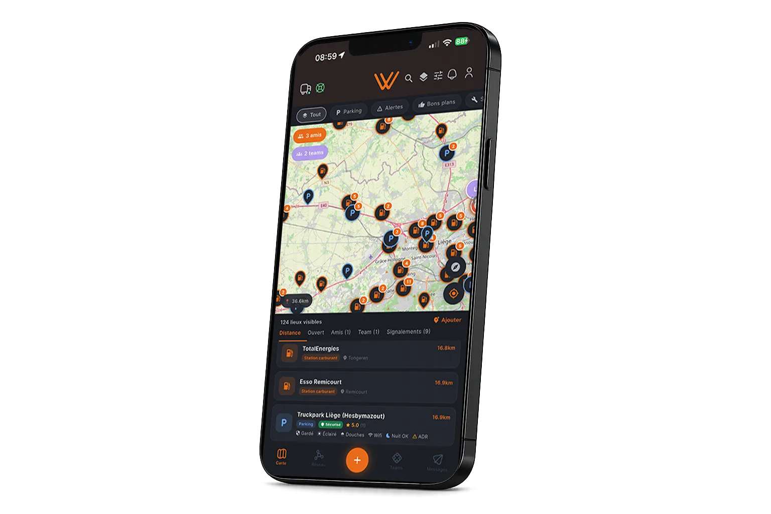 L'application usewolv : carte des lieux utiles autour du chauffeur